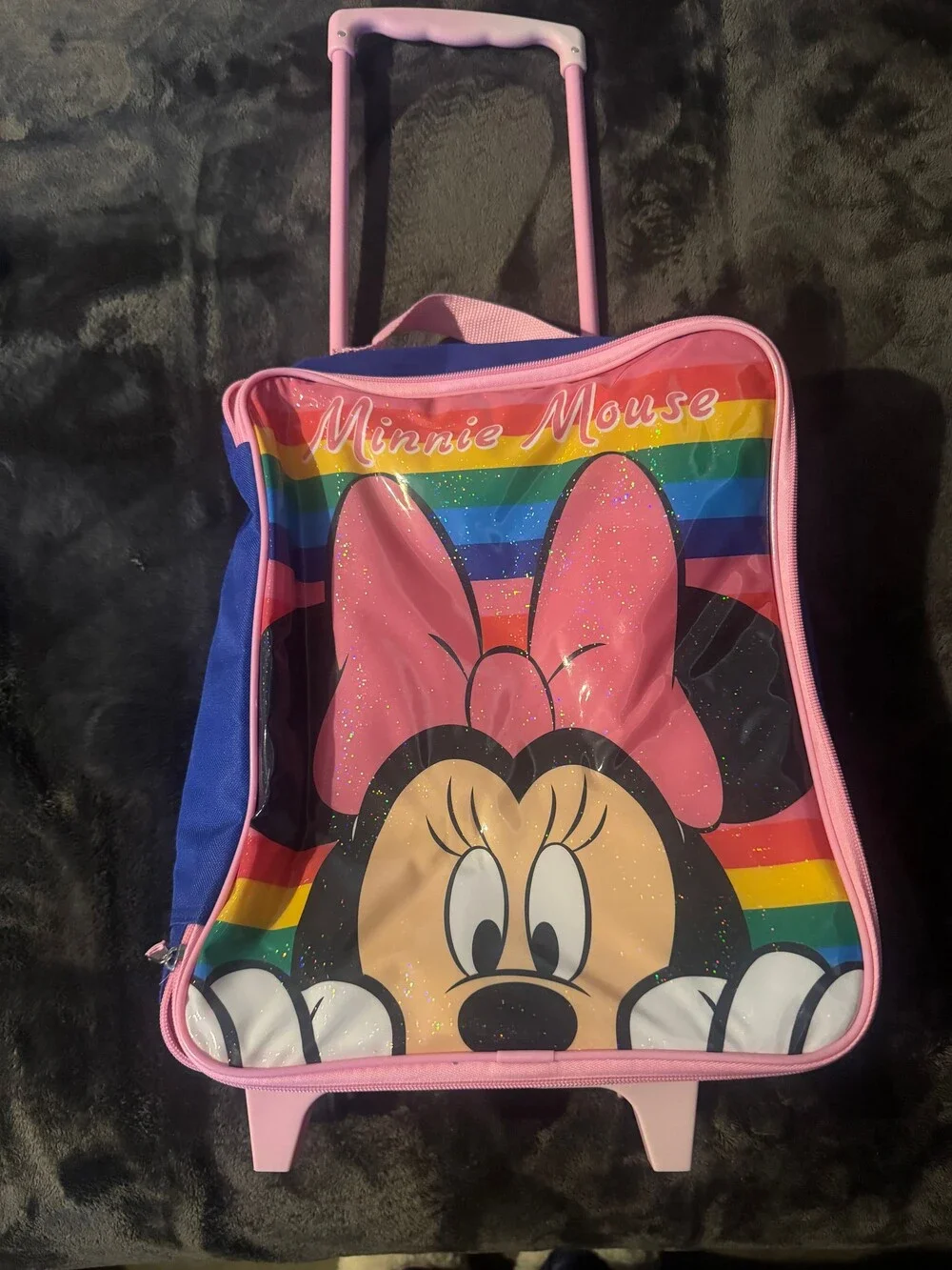 Disney Minnie Mouse Bioworld Pink Rolling Suitcase Rainbow Glitter